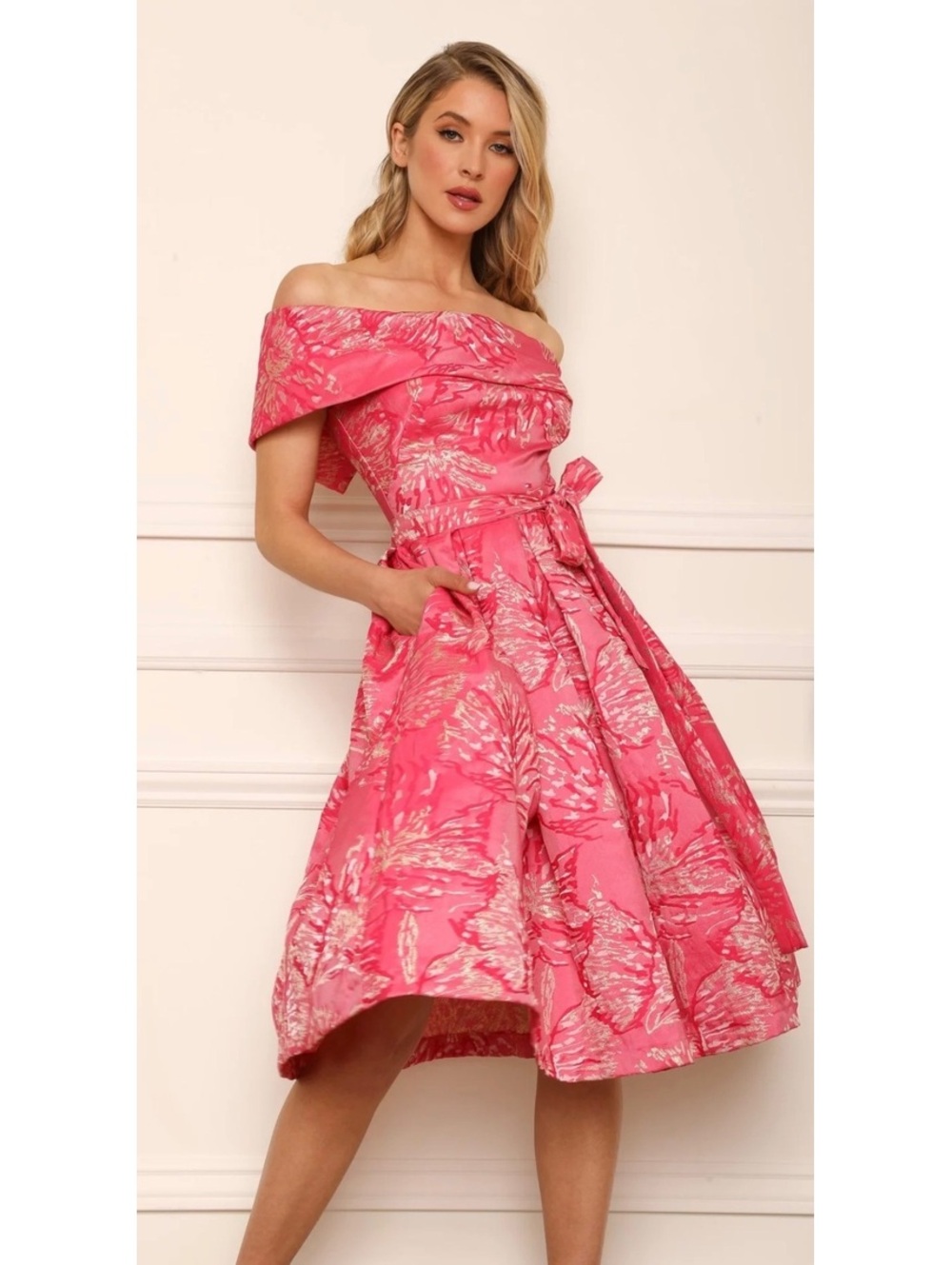 Nicole Bakti Fuchsia Pink Gold Metallic Jacquard Off Shoulder Cocktail Dress 4